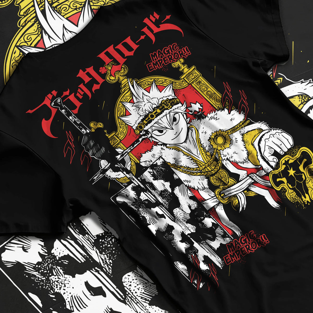 Black T-shirt flat back view showing Asta from Black Clover: Magic Emperor and sword