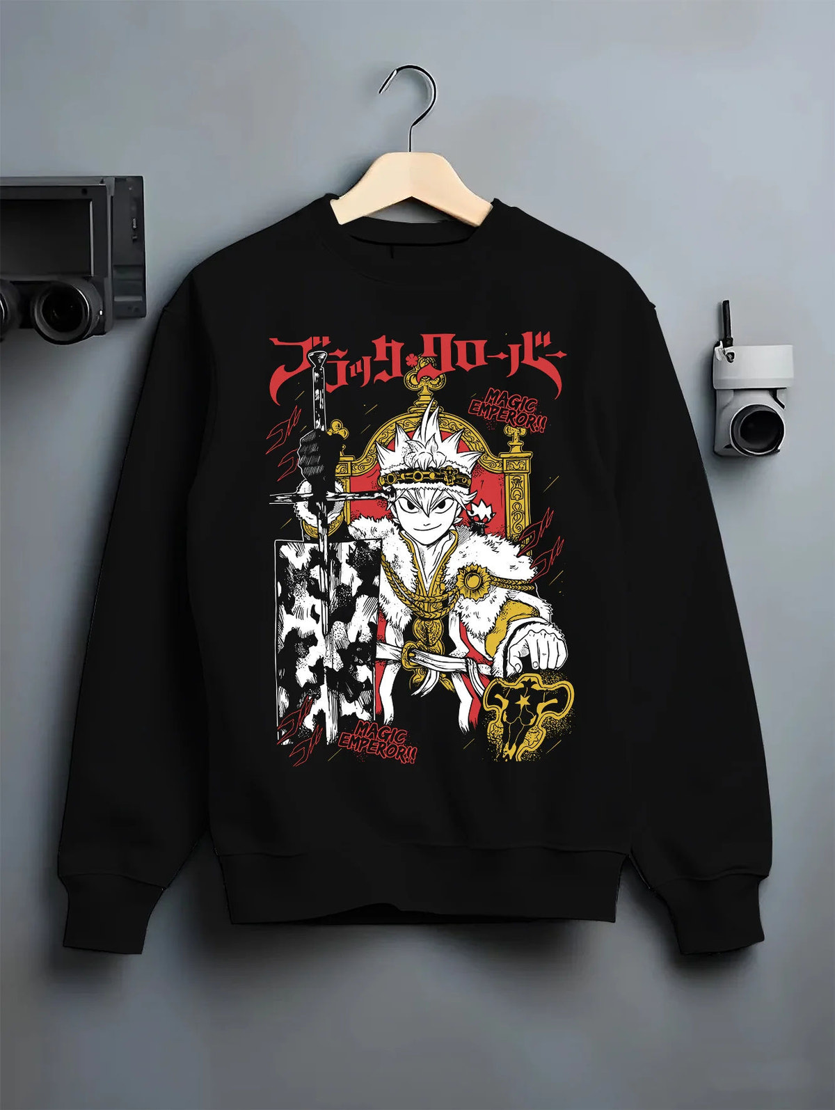 Black crewneck sweatshirt on hanger showing Asta from Black Clover: Magic Emperor and sword
