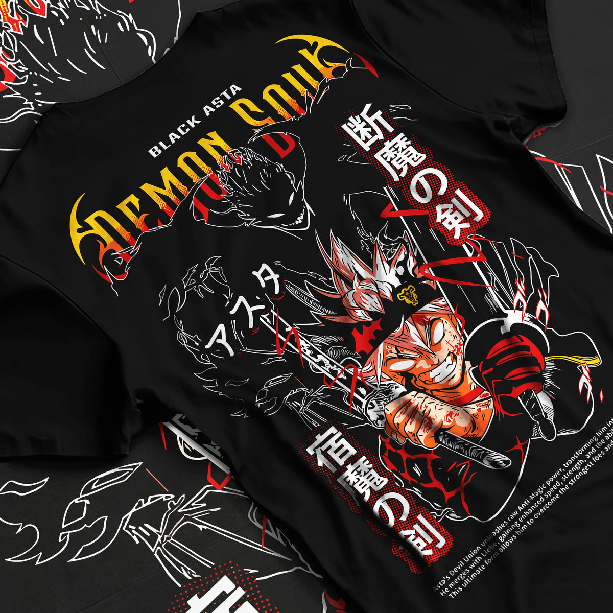 Black T-shirt flat back view showing Asta from Black Clover: black form and demon swords