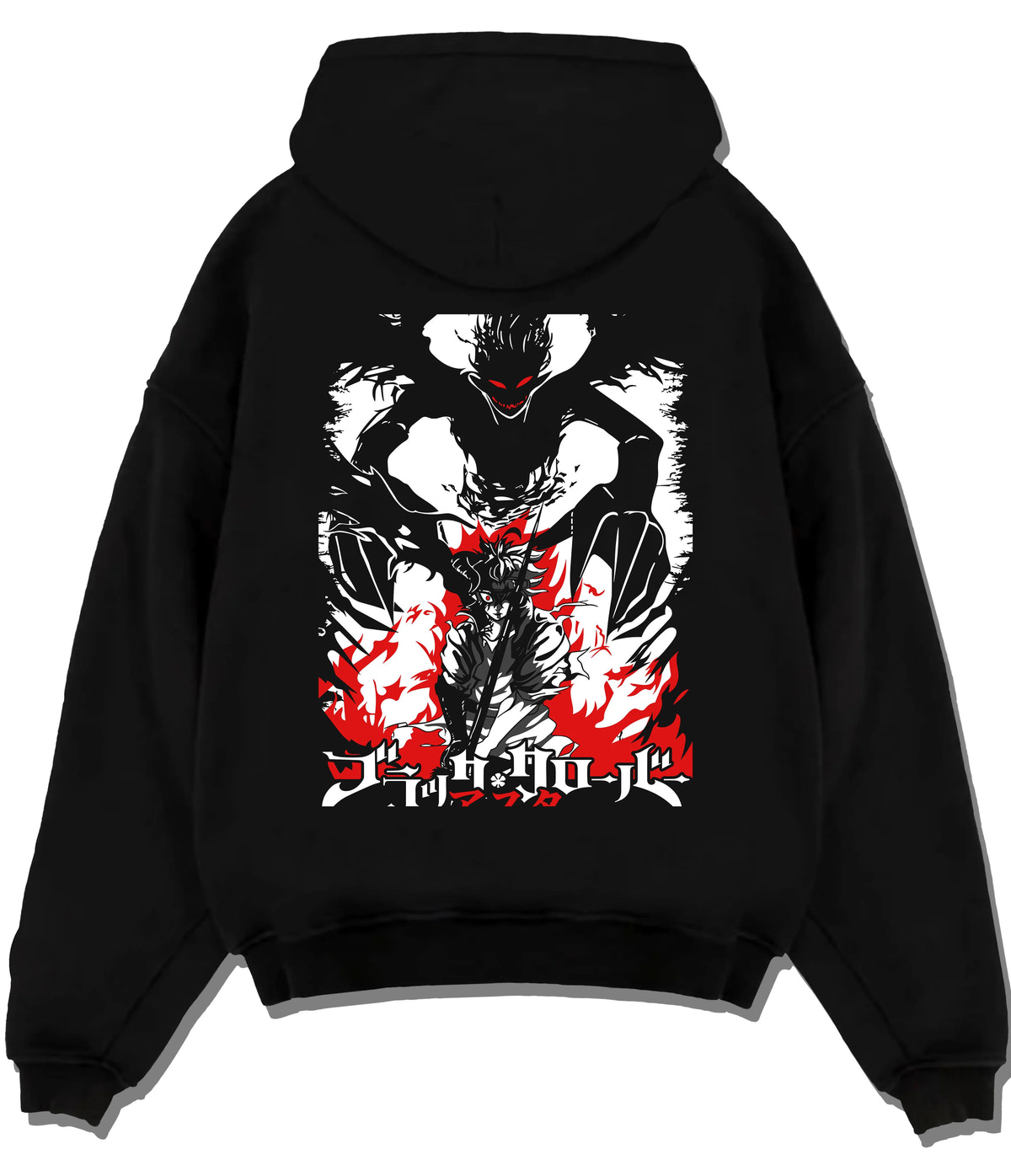 Black hoodie flat back view showing Asta from Black Clover: demon transformation
