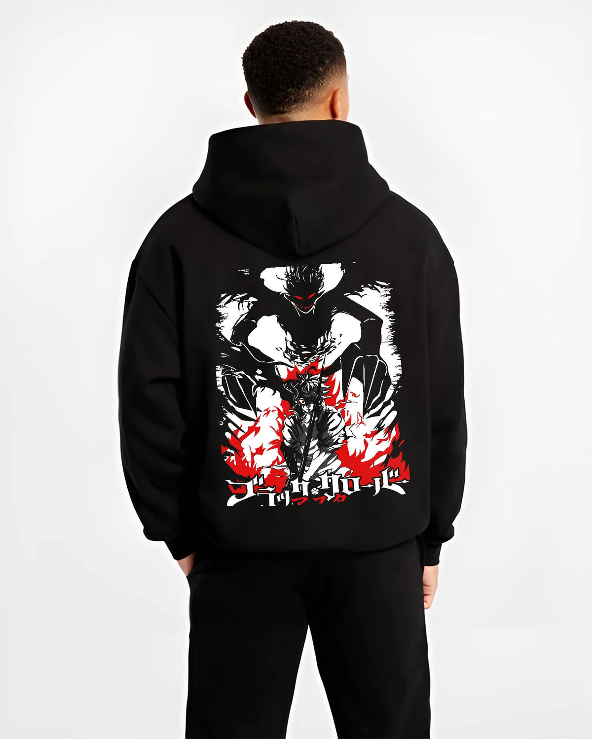 Black hoodie model back view showing Asta from Black Clover: demon transformation