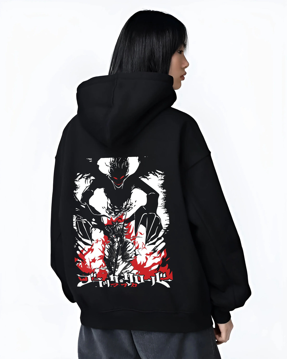 Black hoodie female model back view showing Asta from Black Clover: demon transformation