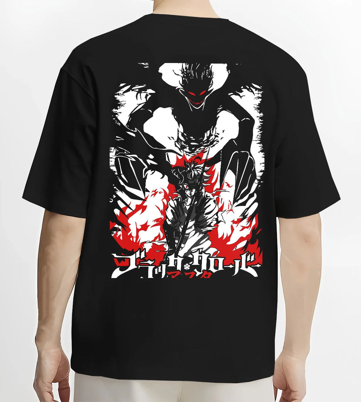 Black T-shirt model back view showing Asta from Black Clover: demon transformation