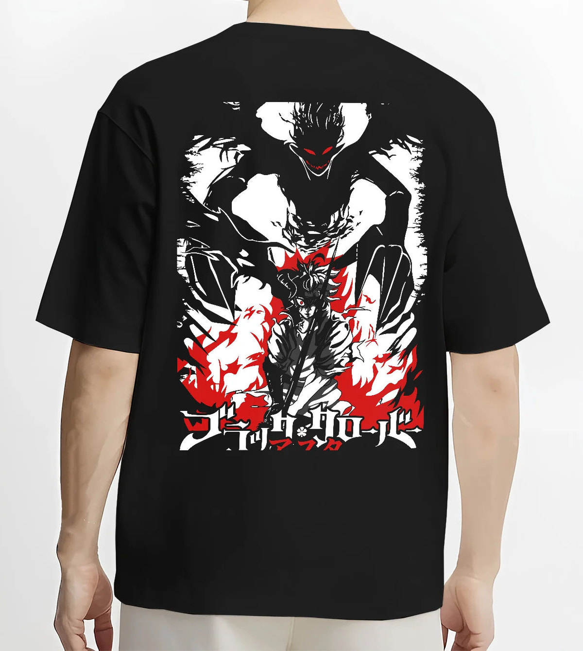 Black T-shirt model back view showing Asta from Black Clover: demon transformation
