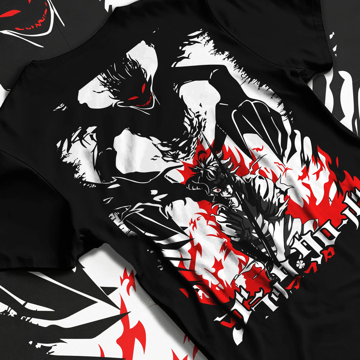 Black T-shirt flat back view showing Asta from Black Clover: demon transformation