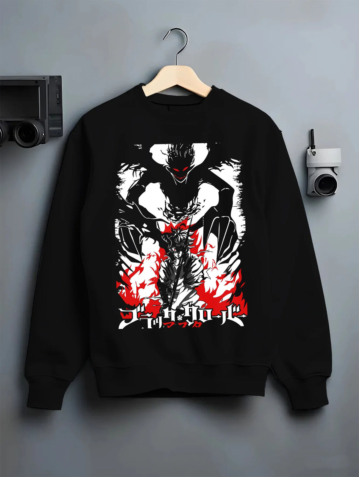 Black crewneck sweatshirt on hanger showing Asta from Black Clover: demon transformation