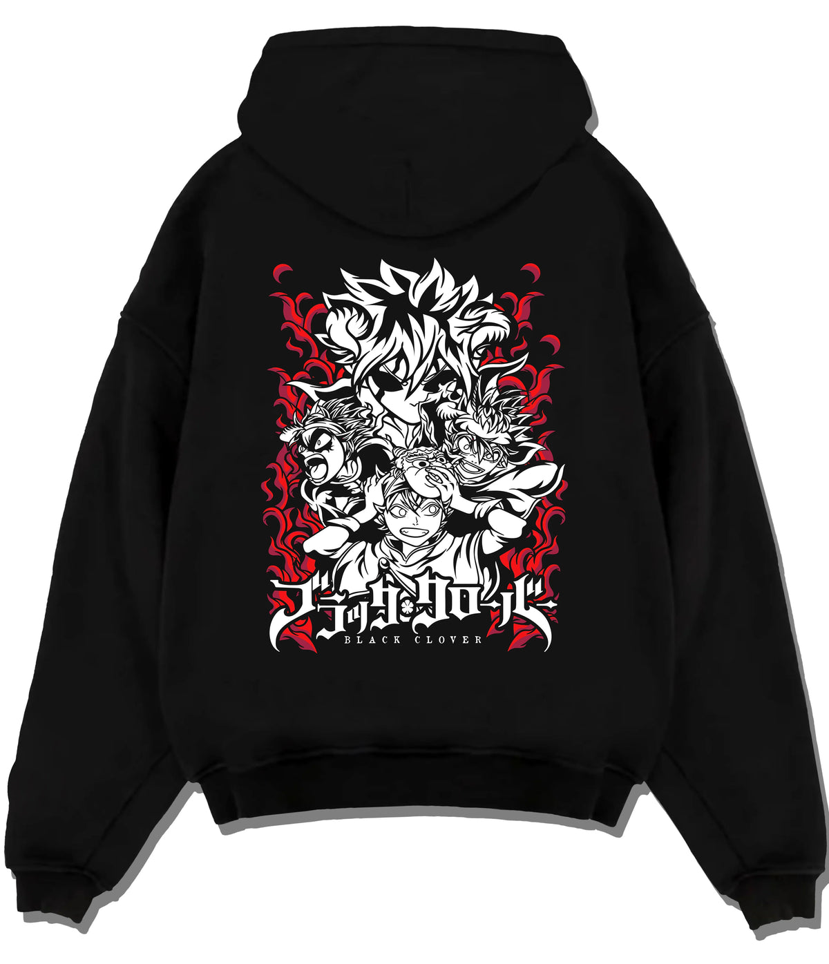 Black hoodie flat back view with Asta and Black Clover cast illustrated back graphic