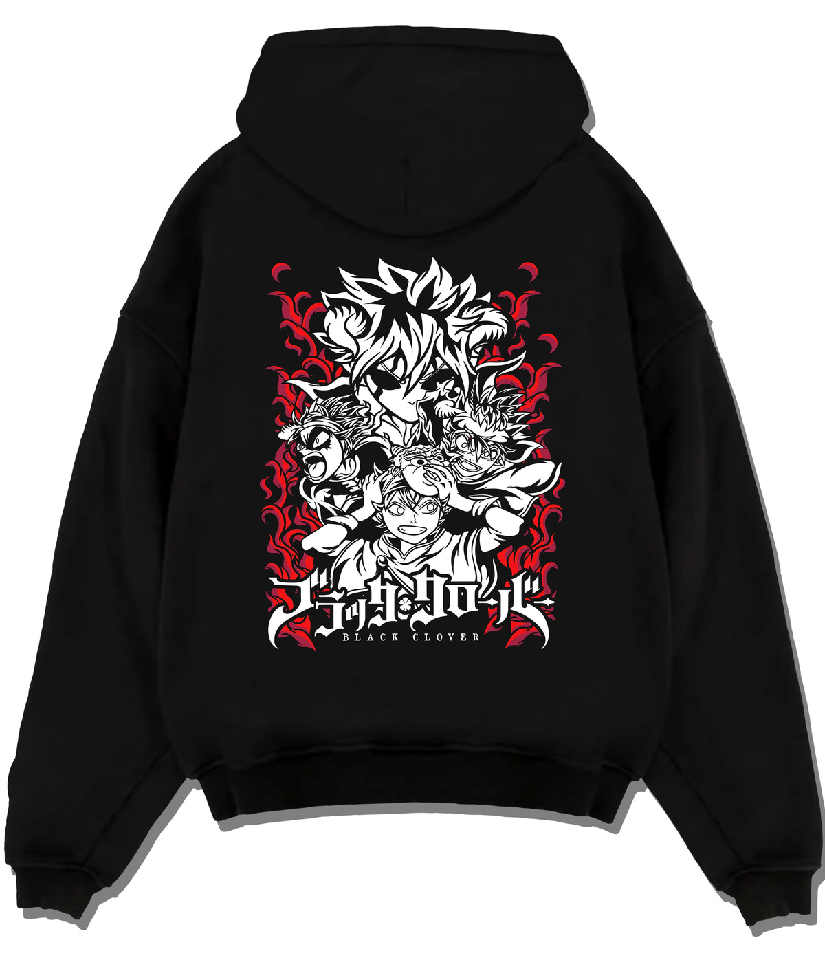 Black hoodie flat back view with Asta and Black Clover cast illustrated back graphic