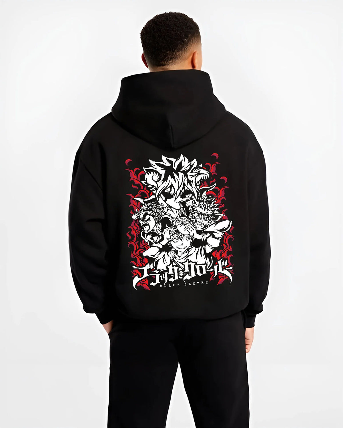 Black hoodie model back view with Asta and Black Clover cast illustrated back graphic