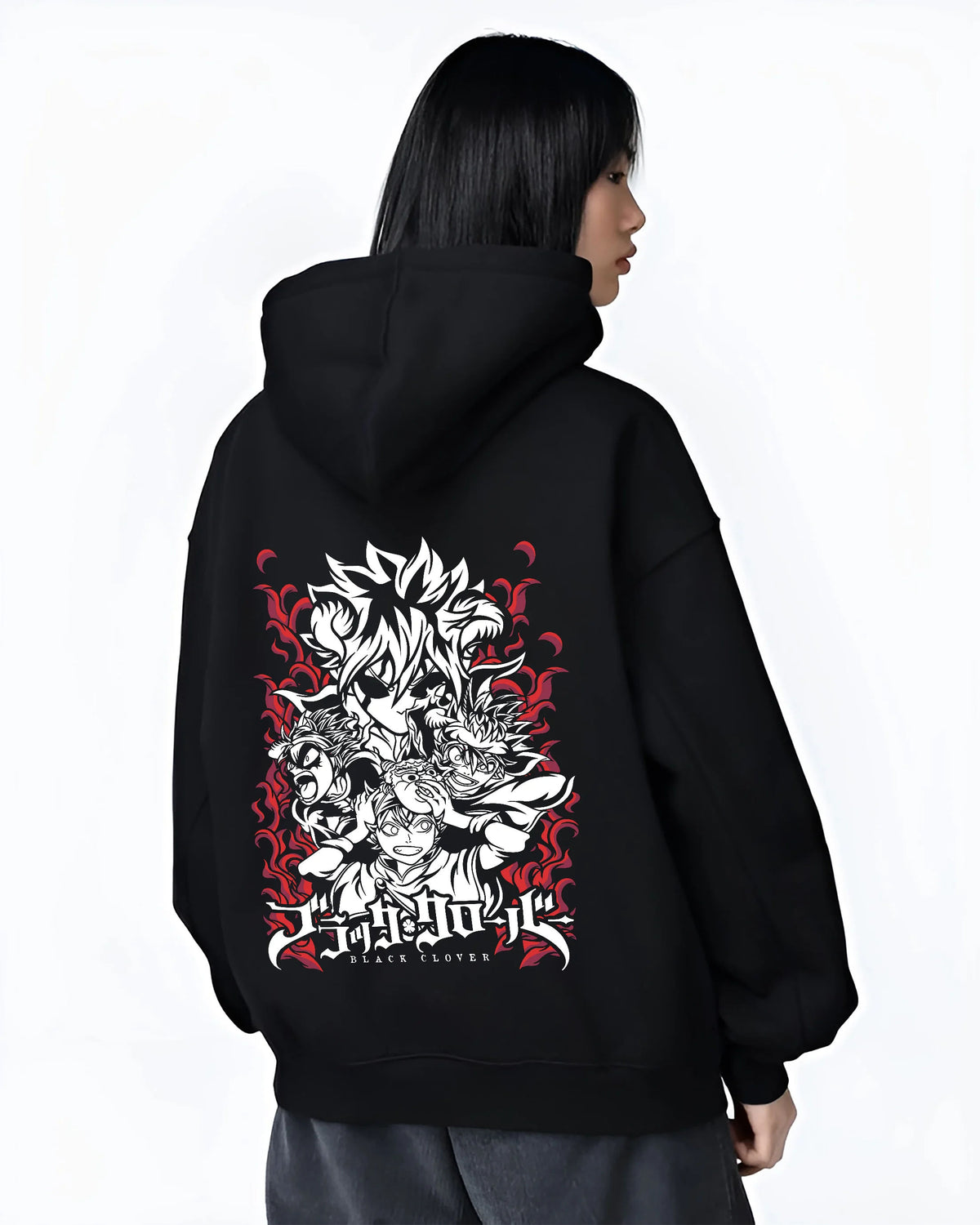 Black hoodie female model back view with Asta and Black Clover cast illustrated back graphic