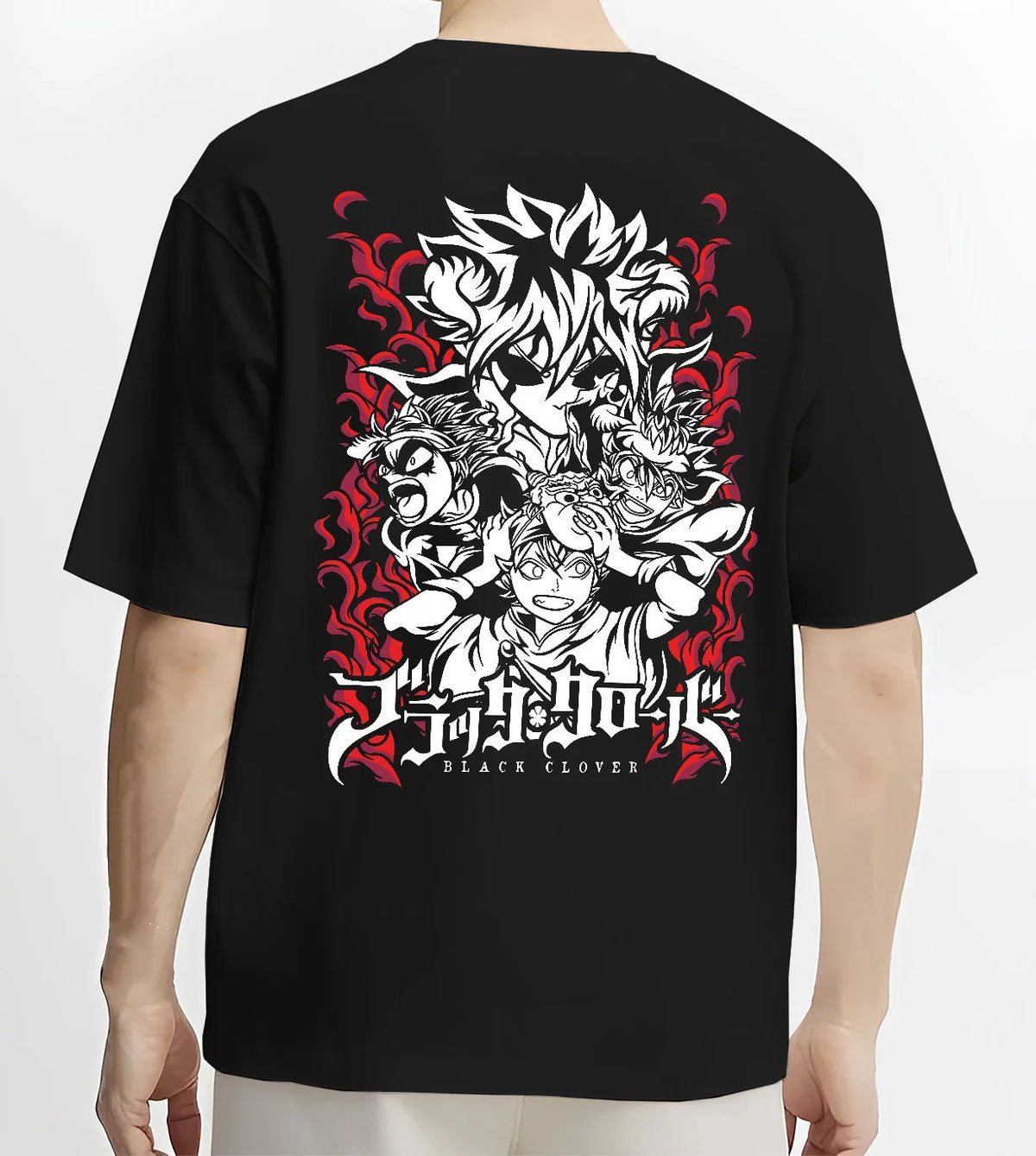 Black T-shirt model back view with Asta and Black Clover cast illustrated back graphic