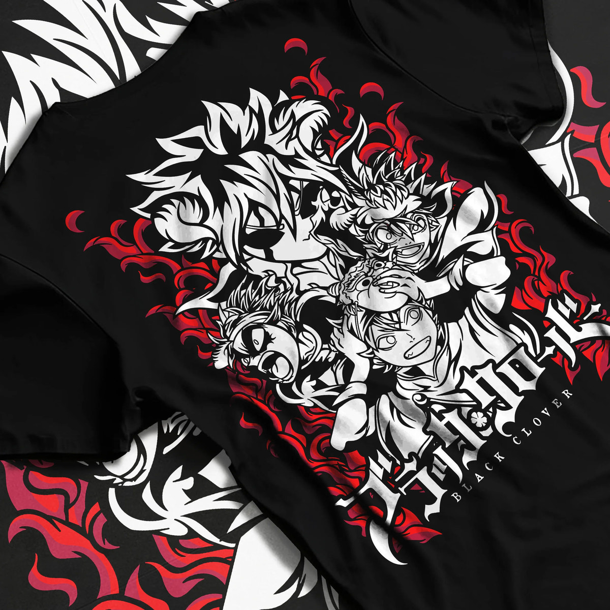 Black T-shirt flat back view with Asta and Black Clover cast illustrated back graphic