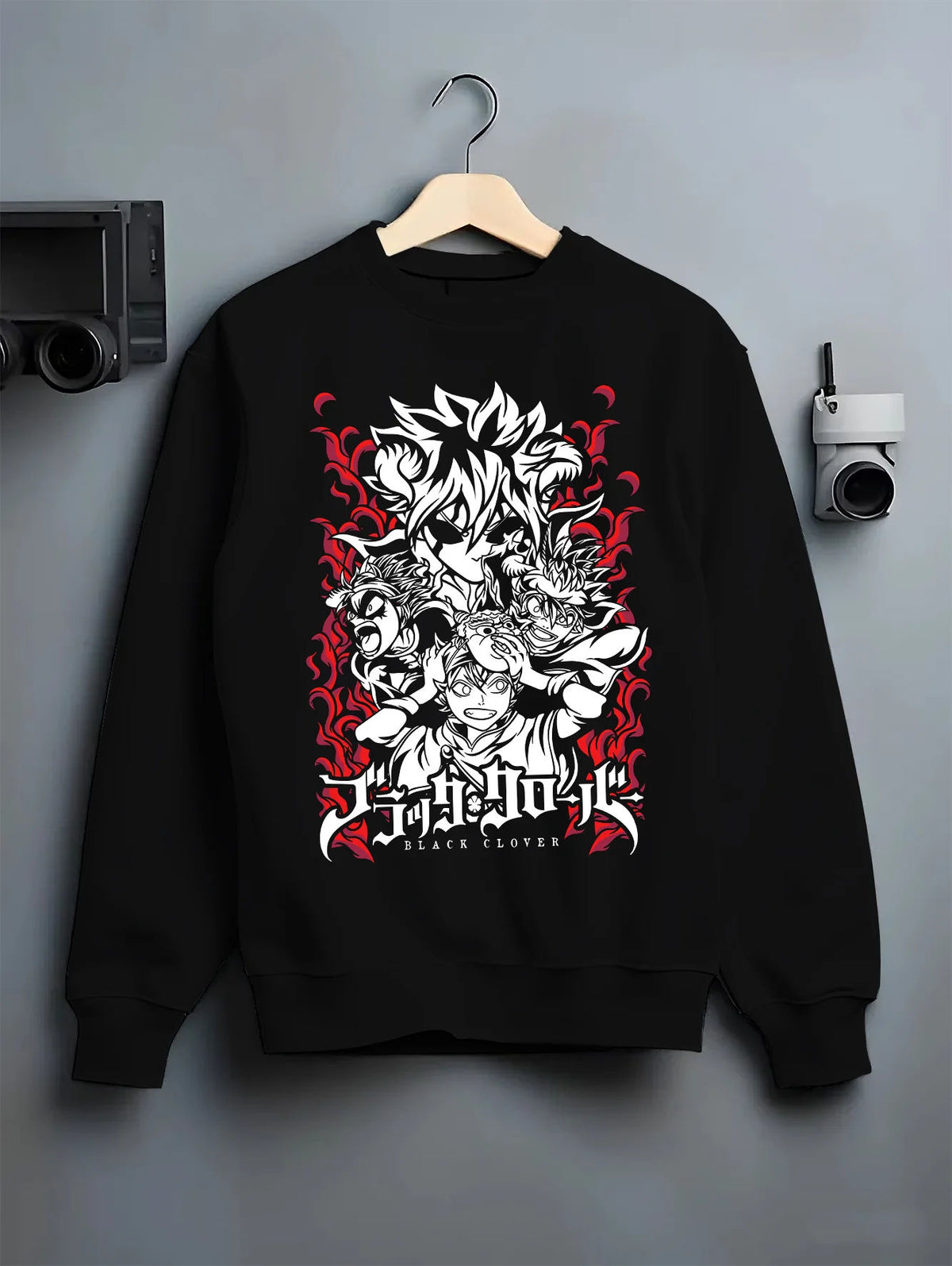 Black crewneck sweatshirt on hanger with Asta and Black Clover cast illustrated back graphic