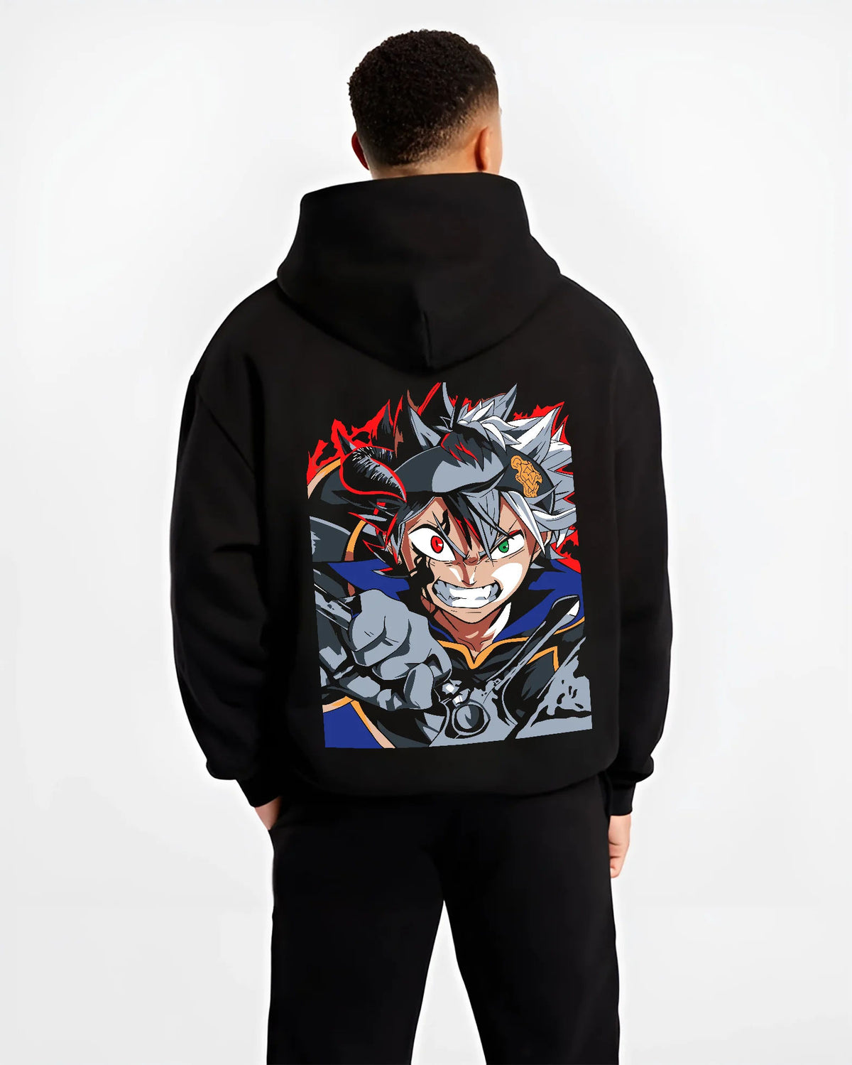 Black hoodie model back view showing Asta from Black Clover: black form