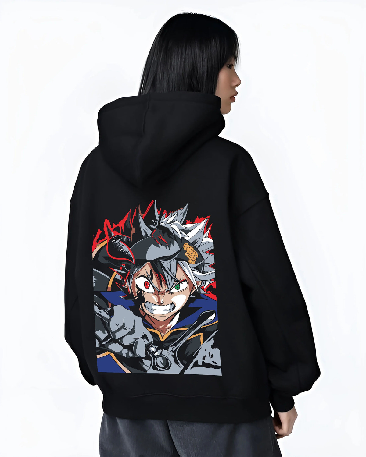 Black hoodie female model back view showing Asta from Black Clover: black form