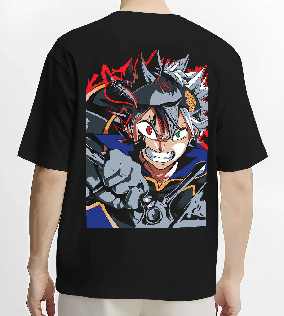 Black T-shirt model back view showing Asta from Black Clover: black form