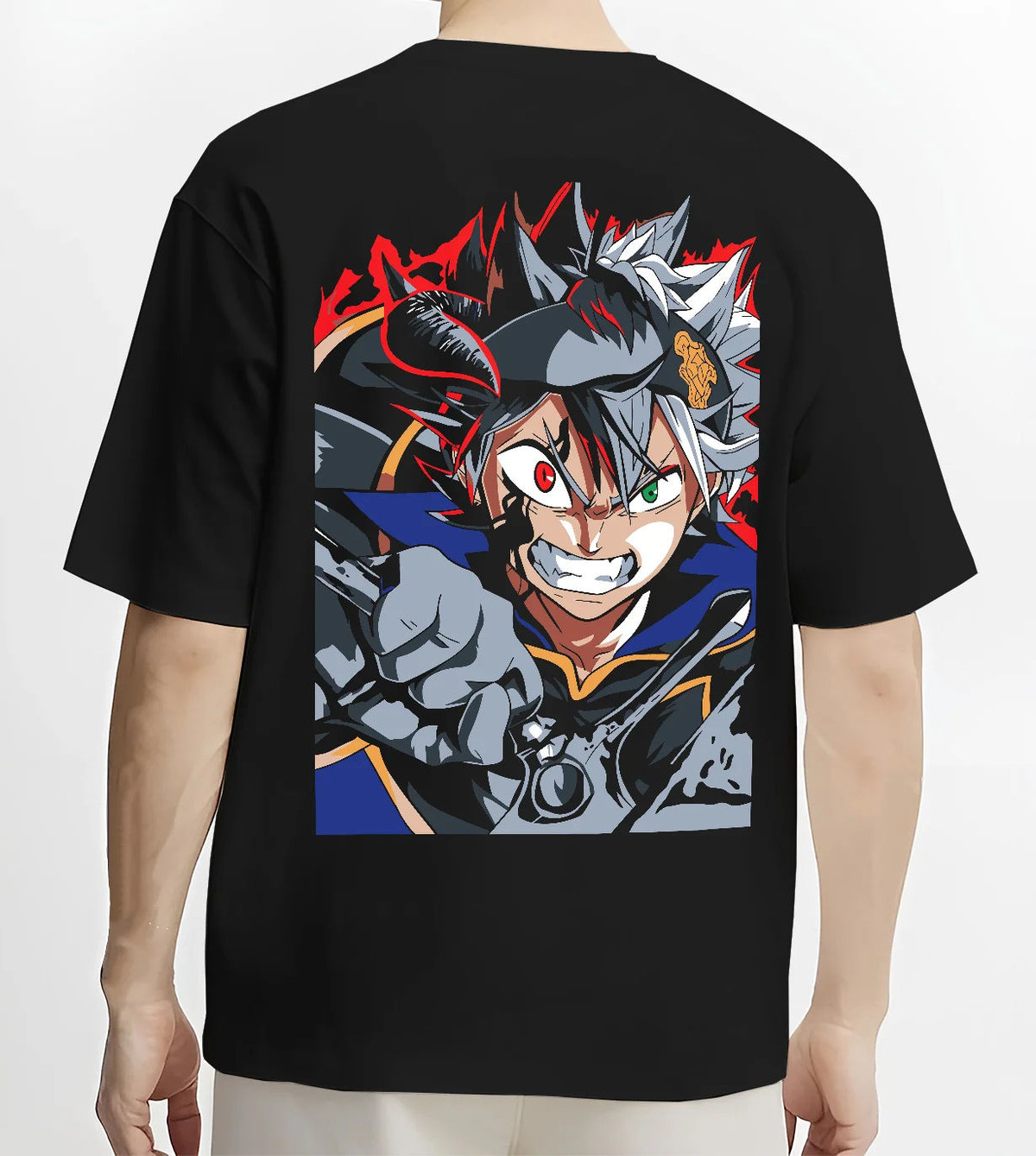 Black T-shirt model back view showing Asta from Black Clover: black form
