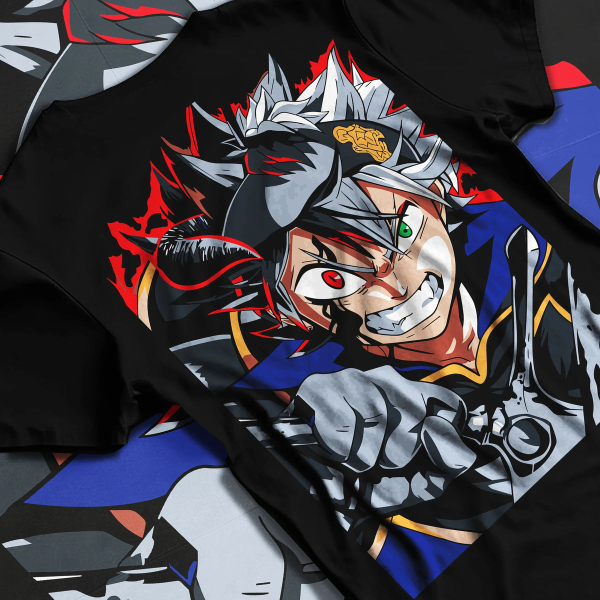Black T-shirt flat back view showing Asta from Black Clover: black form