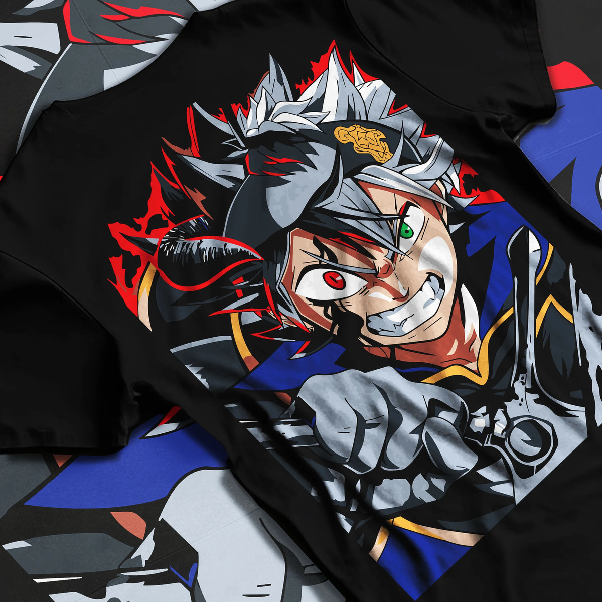 Black T-shirt flat back view showing Asta from Black Clover: black form