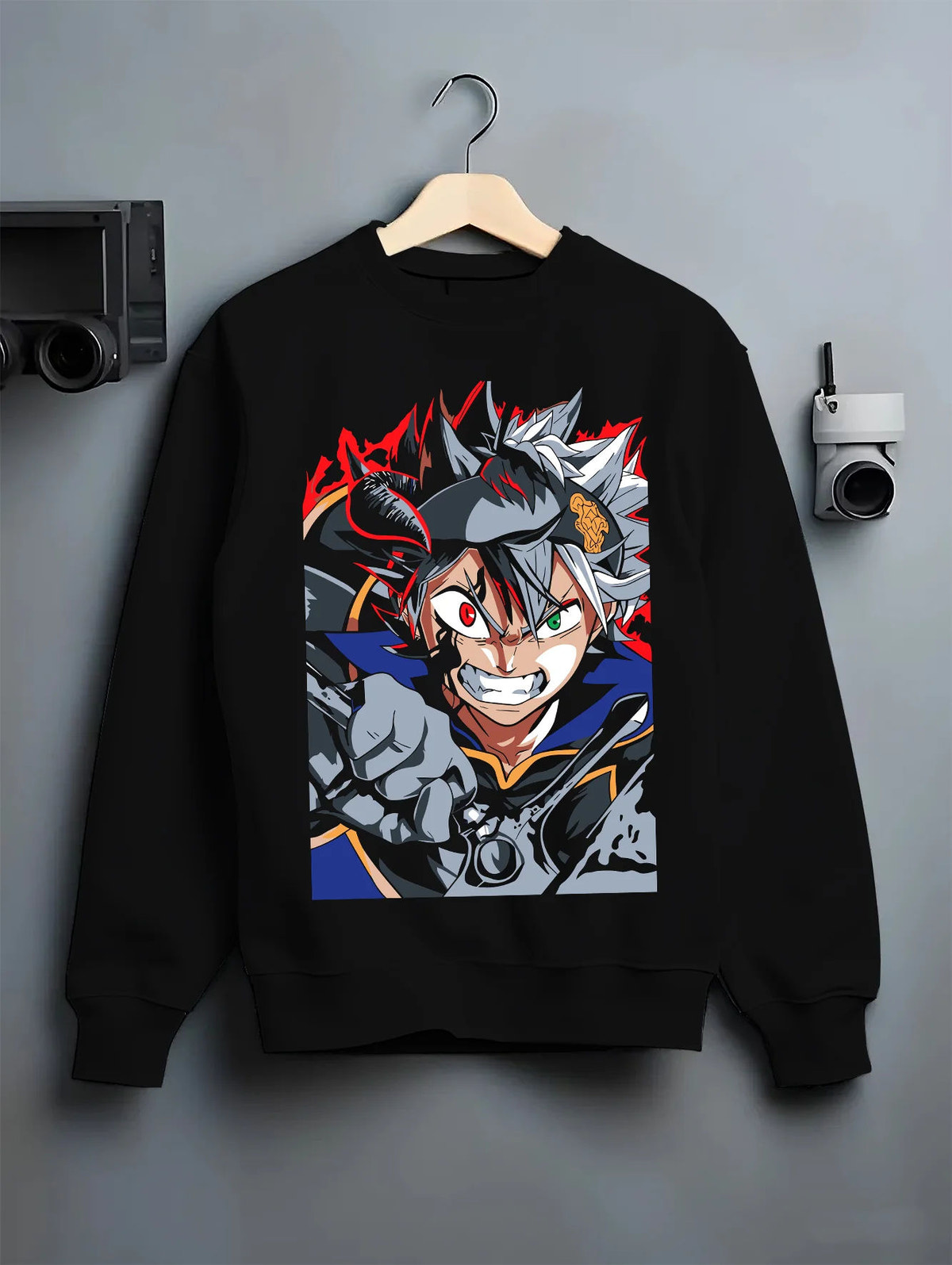 Black crewneck sweatshirt on hanger showing Asta from Black Clover: black form