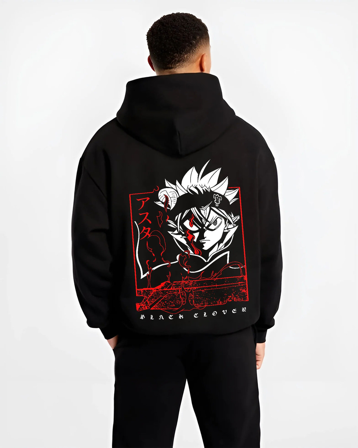 Black hoodie model back view showing Asta from Black Clover: anti-magic portrait