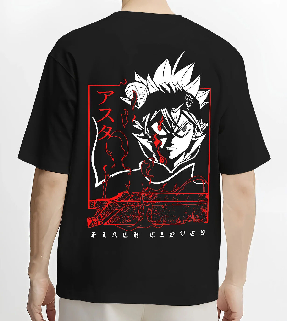 Black T-shirt model back view showing Asta from Black Clover: anti-magic portrait