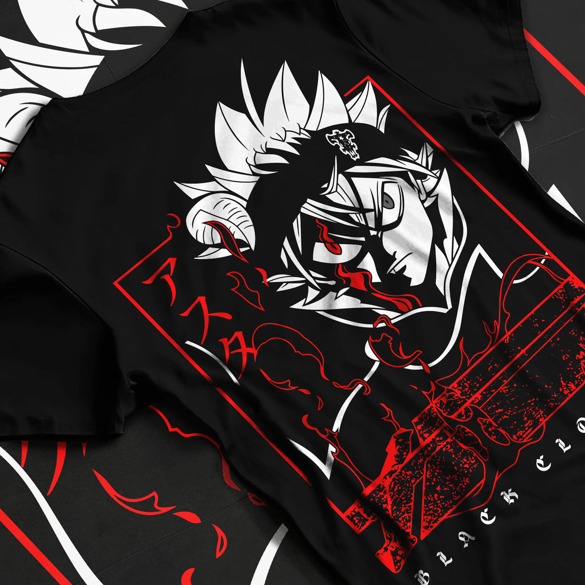 Black T-shirt flat back view showing Asta from Black Clover: anti-magic portrait