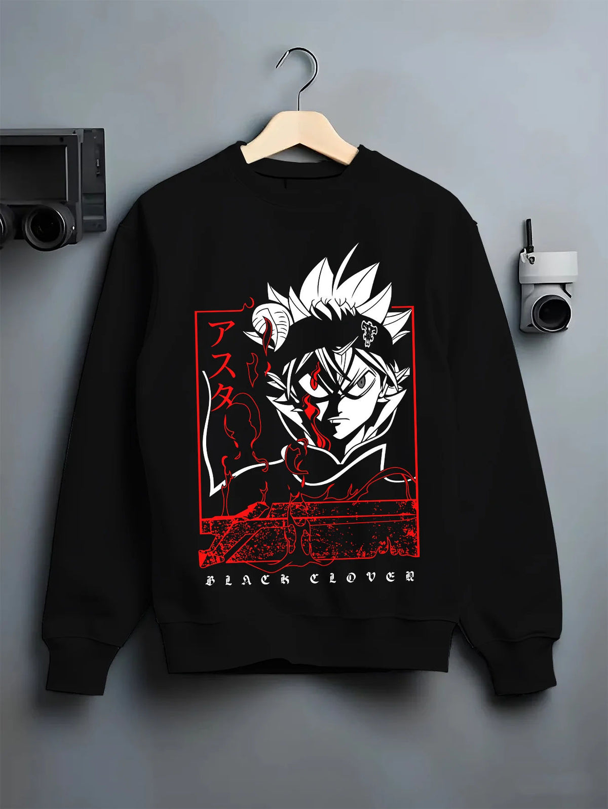 Black crewneck sweatshirt on hanger showing Asta from Black Clover: anti-magic portrait