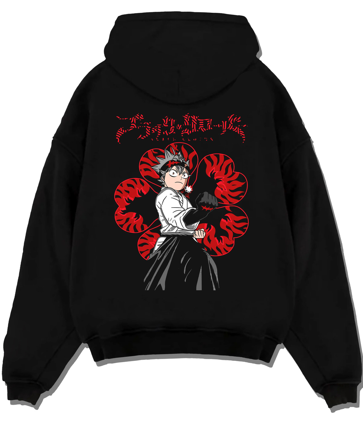 Black hoodie flat back view showing Asta from Black Clover: katana and profile