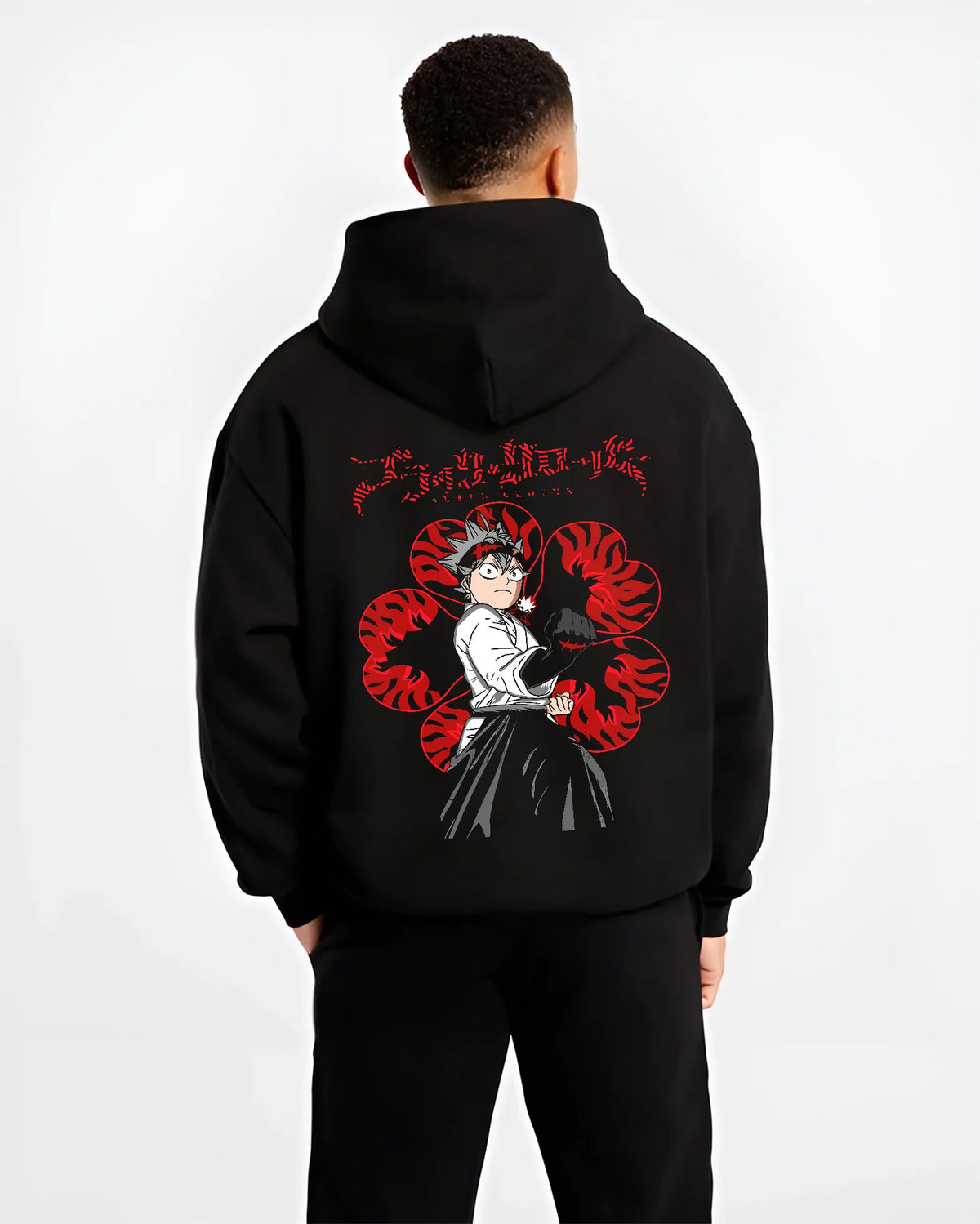 Black hoodie model back view showing Asta from Black Clover: katana and profile