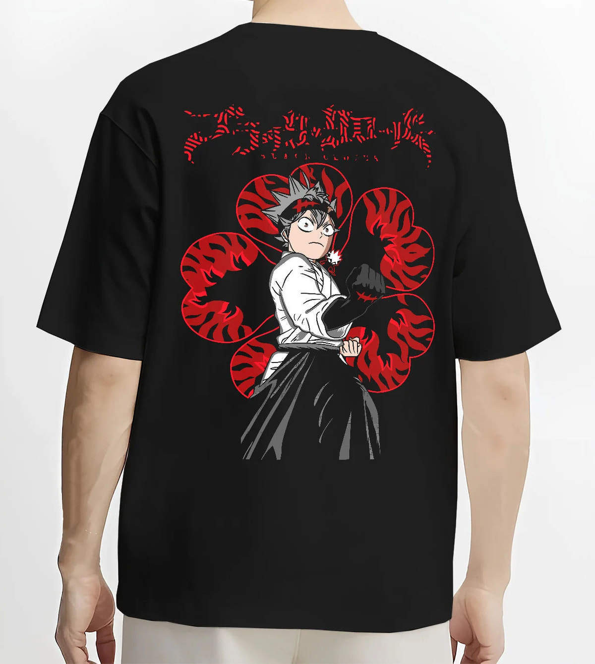 Black T-shirt model back view showing Asta from Black Clover: katana and profile