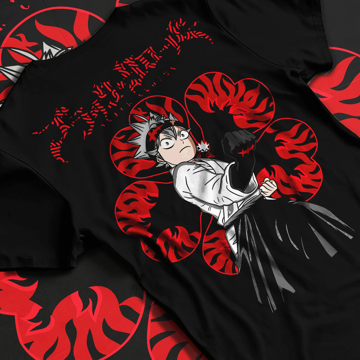 Black T-shirt flat back view showing Asta from Black Clover: katana and profile
