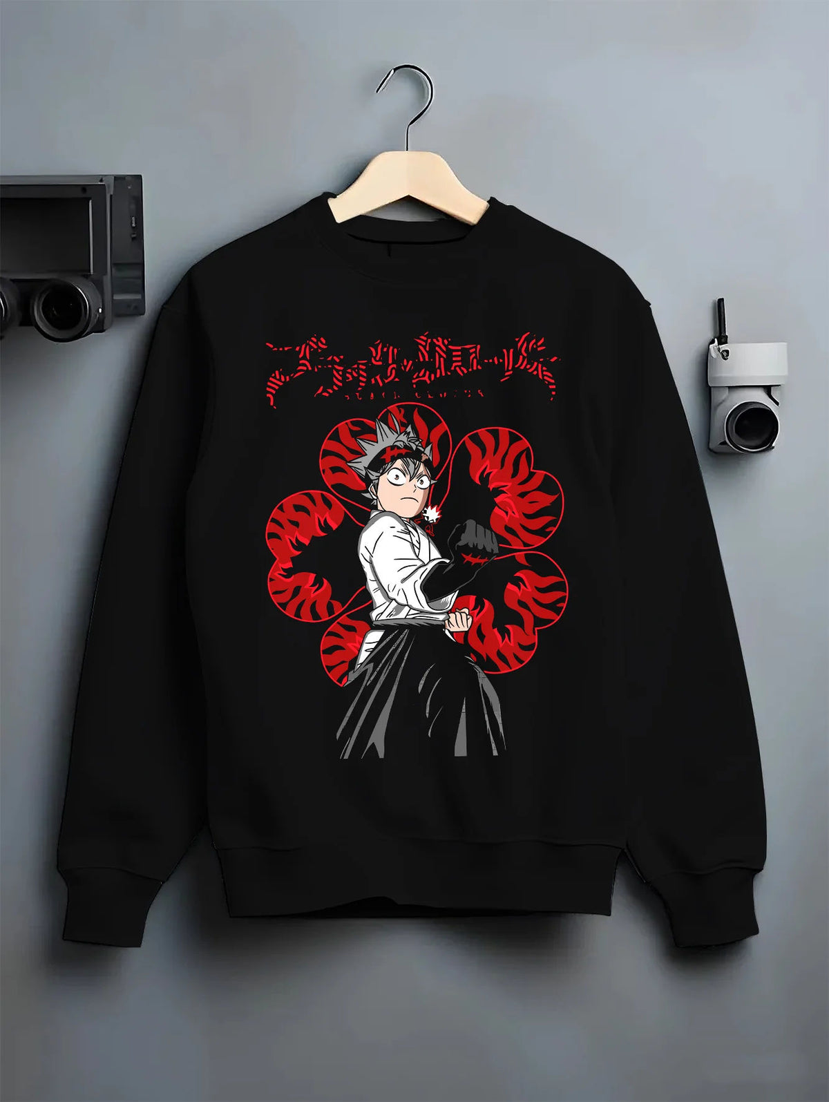 Black crewneck sweatshirt on hanger showing Asta from Black Clover: katana and profile