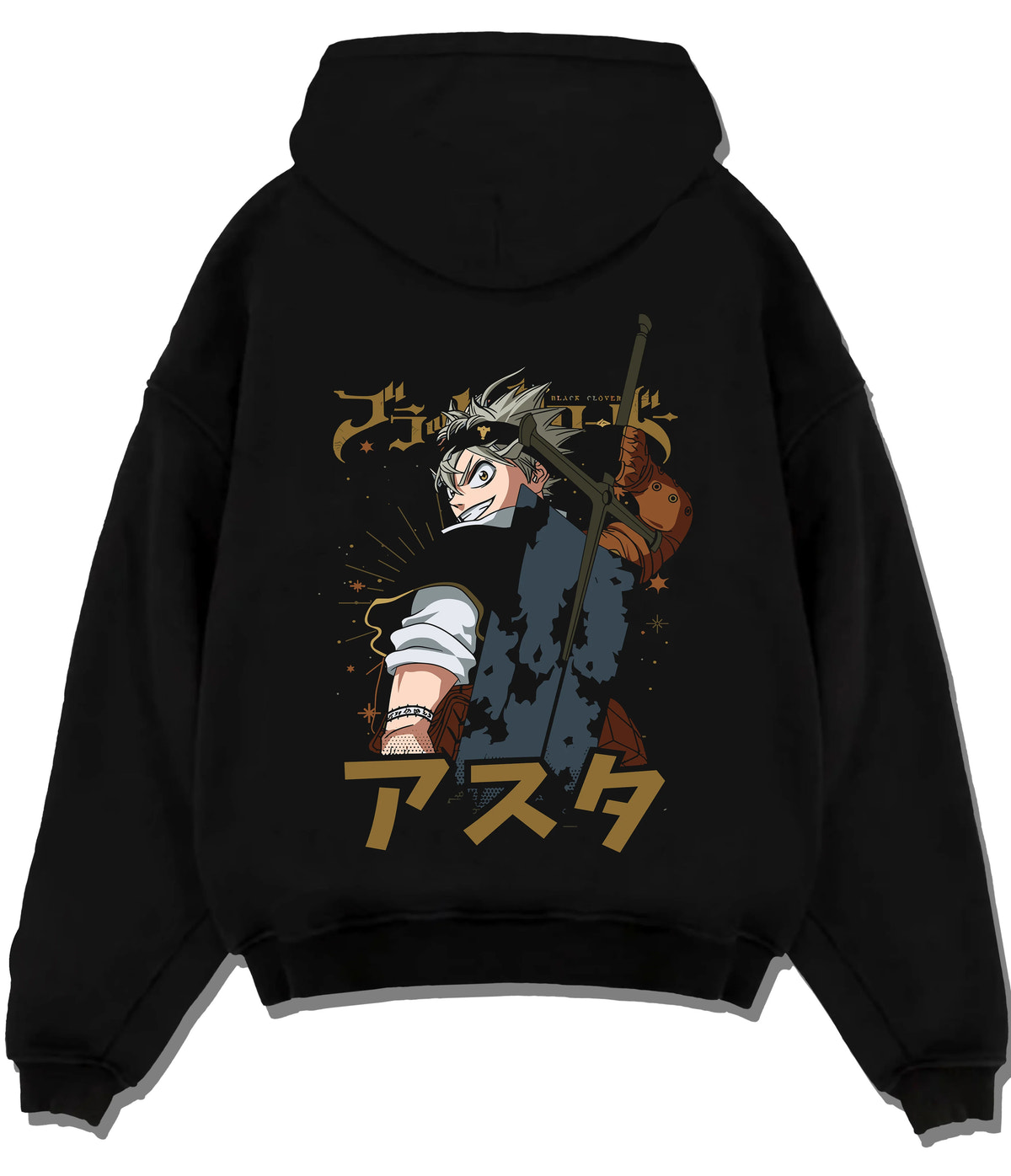 Black hoodie flat back view showing Asta from Black Clover: sword over shoulder