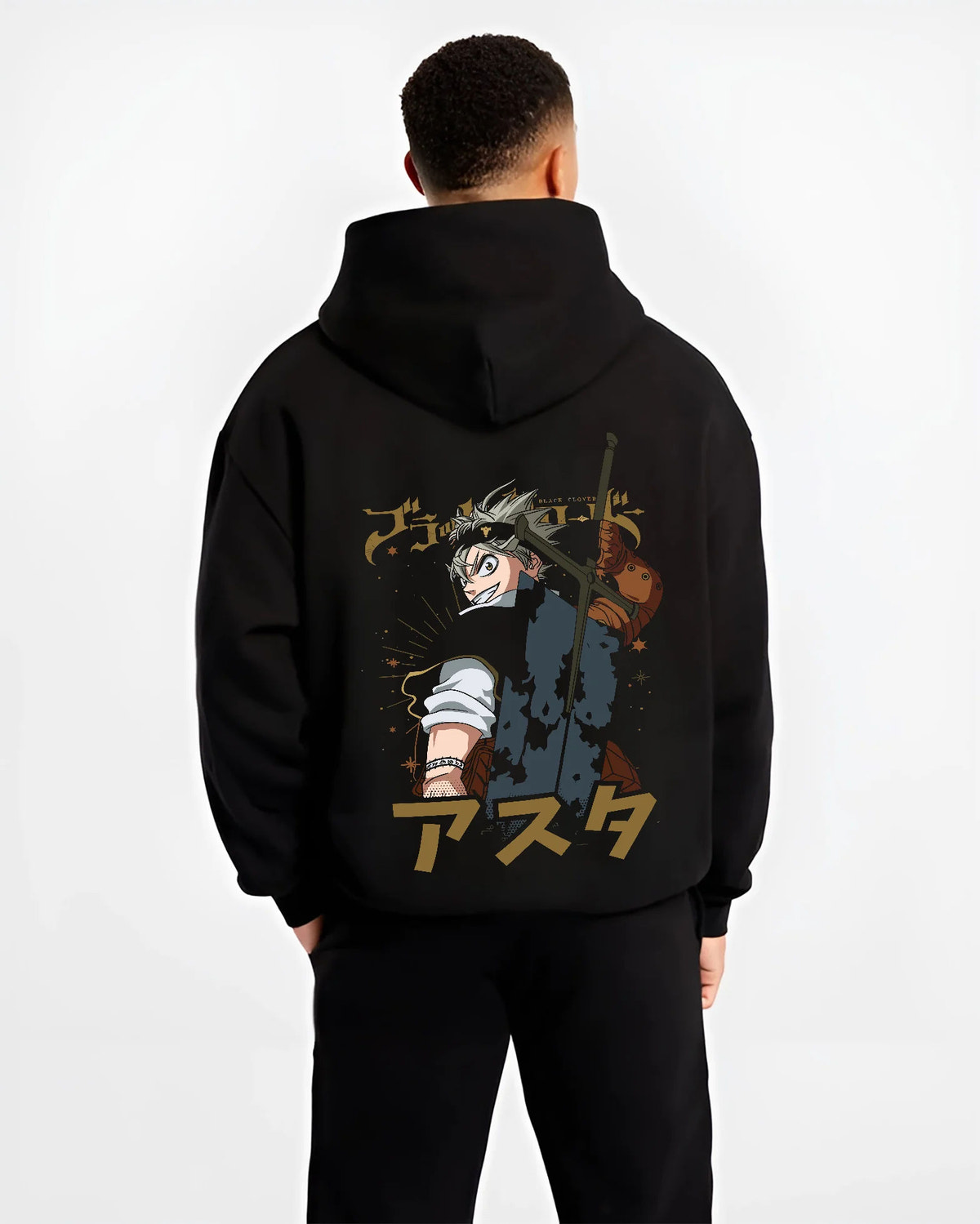 Black hoodie model back view showing Asta from Black Clover: sword over shoulder