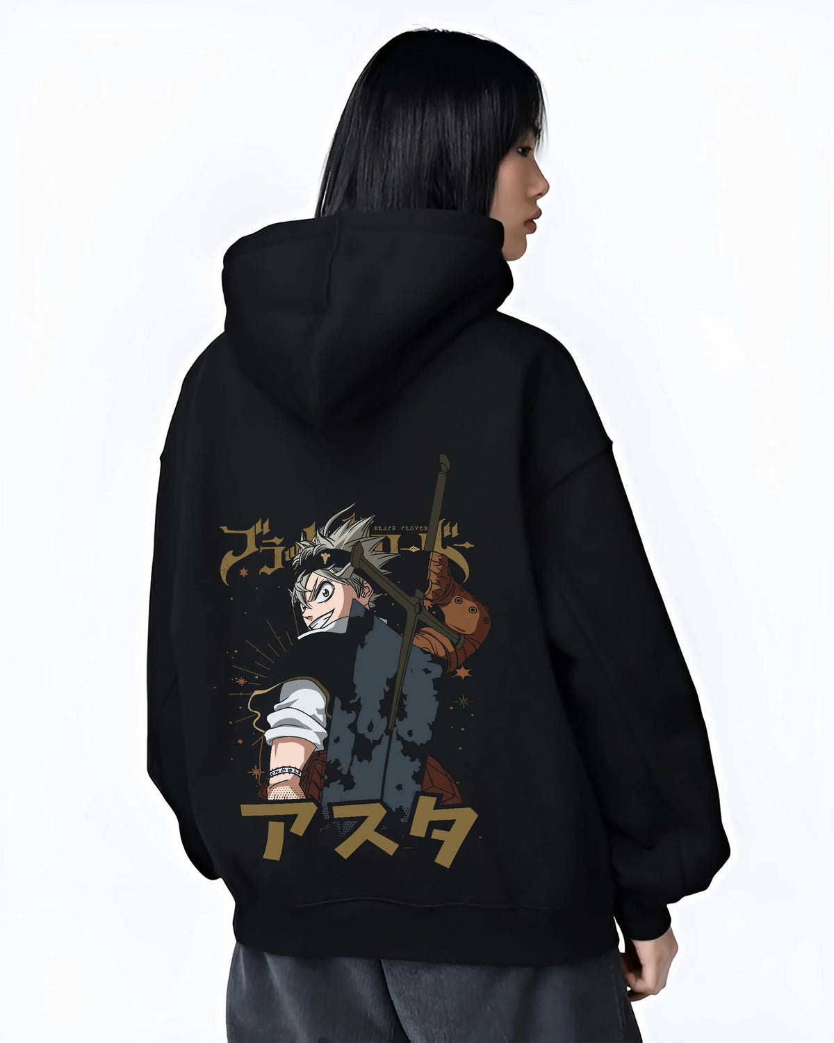 Black hoodie female model back view showing Asta from Black Clover: sword over shoulder