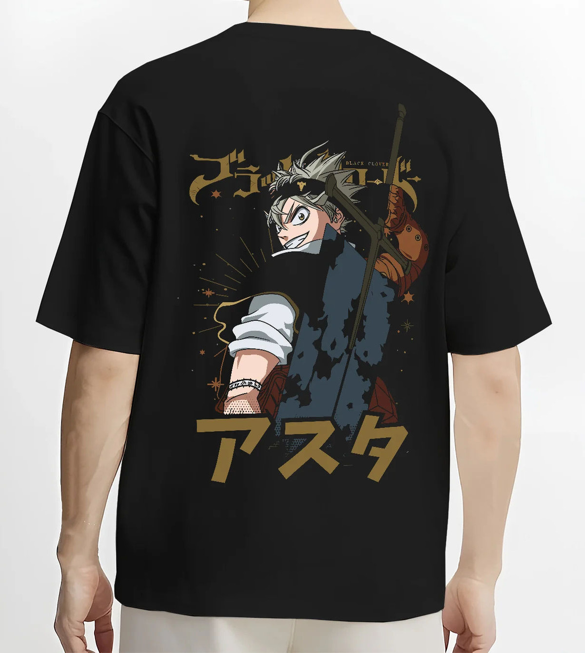 Black T-shirt model back view showing Asta from Black Clover: sword over shoulder