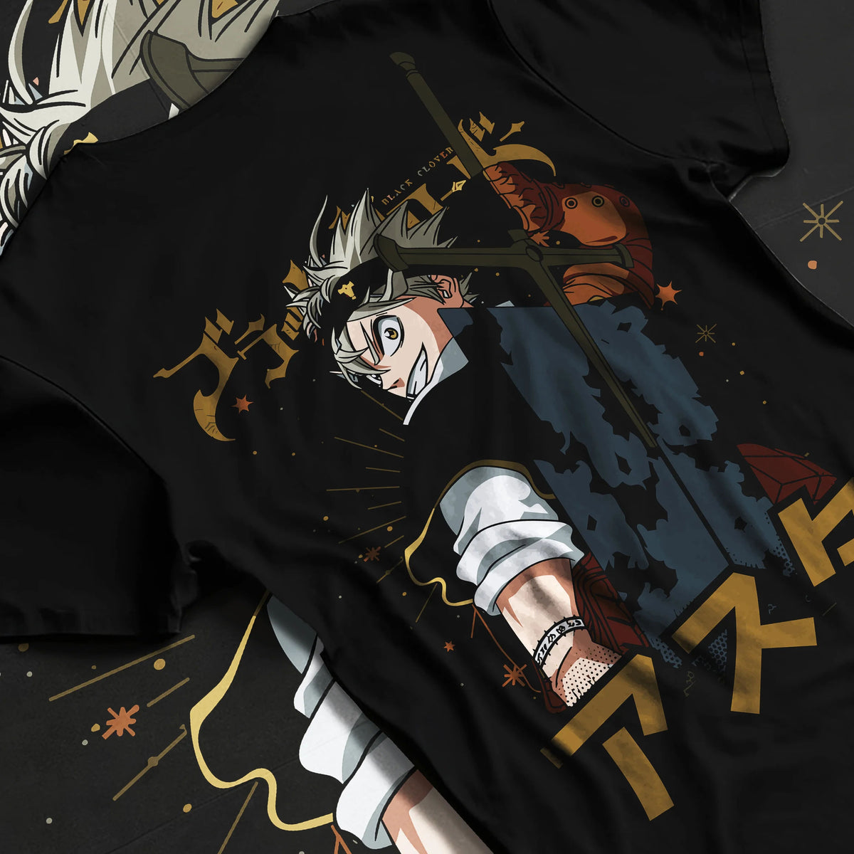Black T-shirt flat back view showing Asta from Black Clover: sword over shoulder