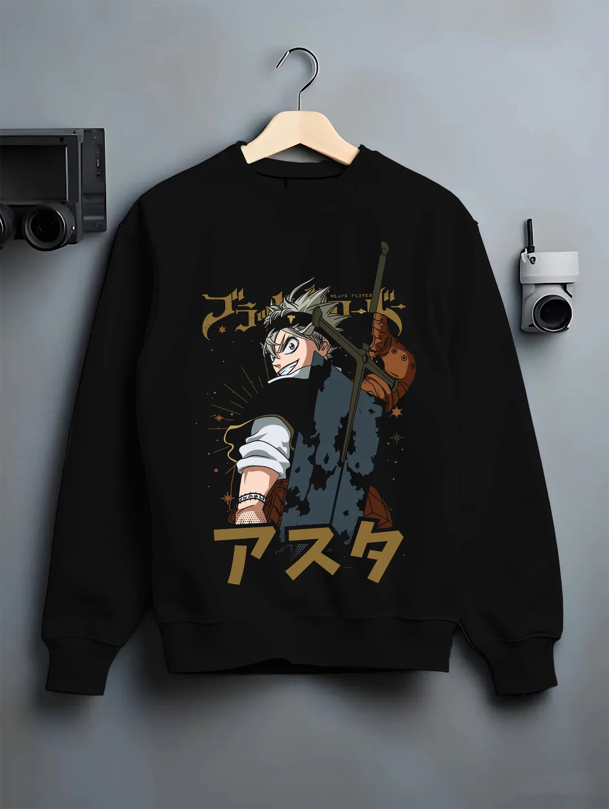 Black crewneck sweatshirt on hanger showing Asta from Black Clover: sword over shoulder