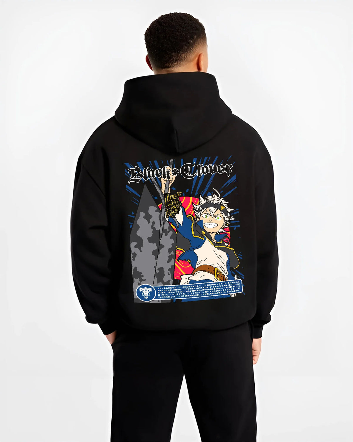 Black hoodie model back view showing Asta from Black Clover: Black Clover action poster