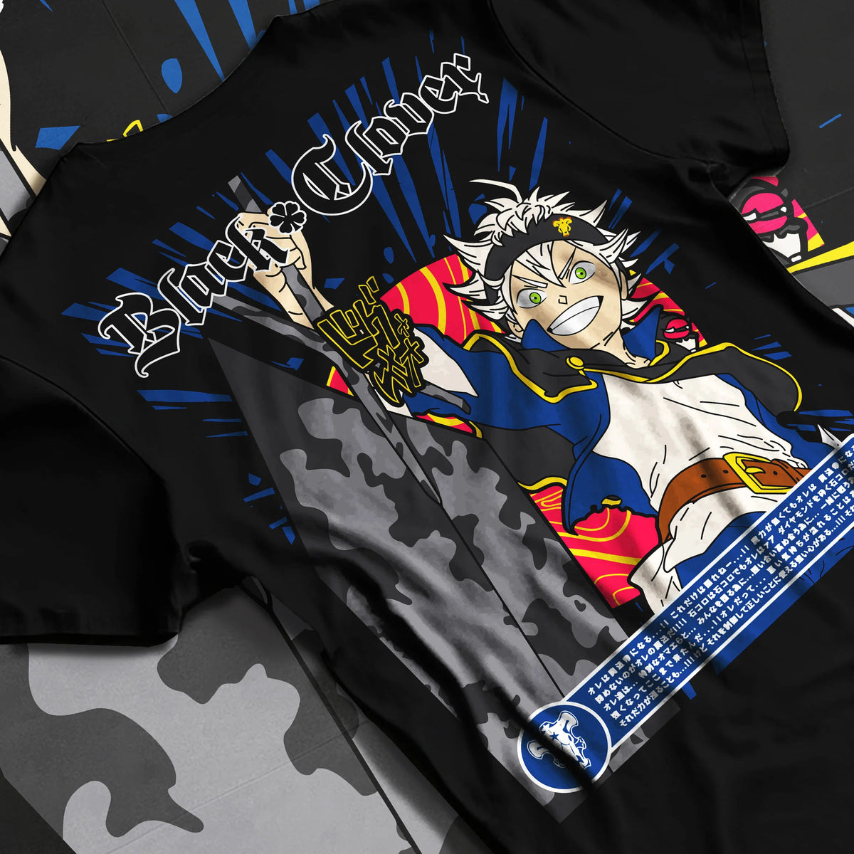 Black T-shirt flat back view showing Asta from Black Clover: Black Clover action poster