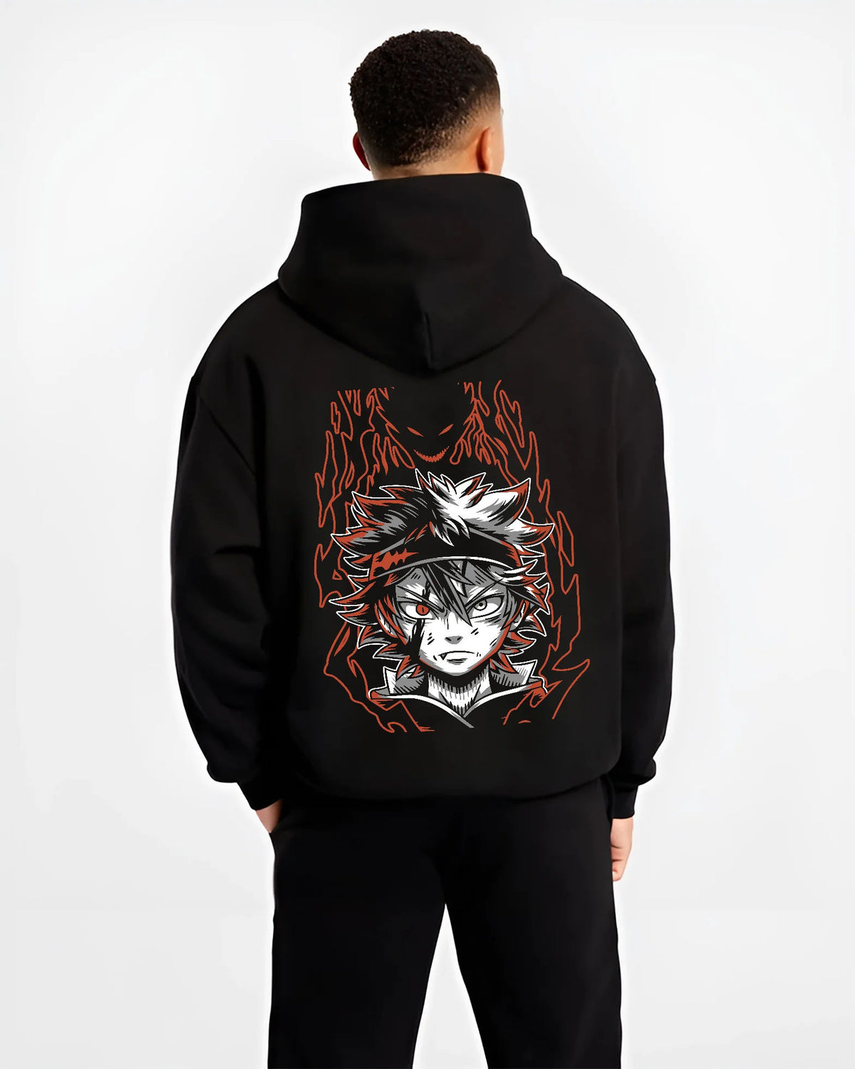 Black hoodie model back view showing Asta from Black Clover: black form and devil energy