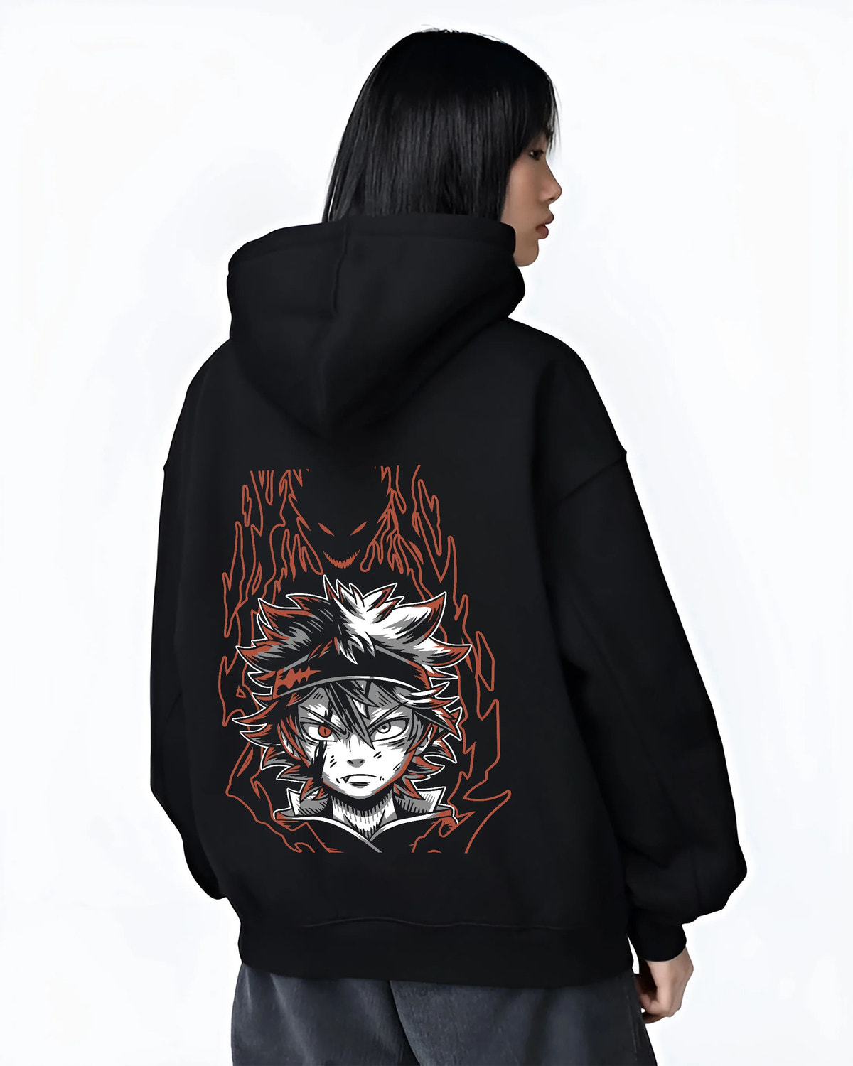 Black hoodie female model back view showing Asta from Black Clover: black form and devil energy