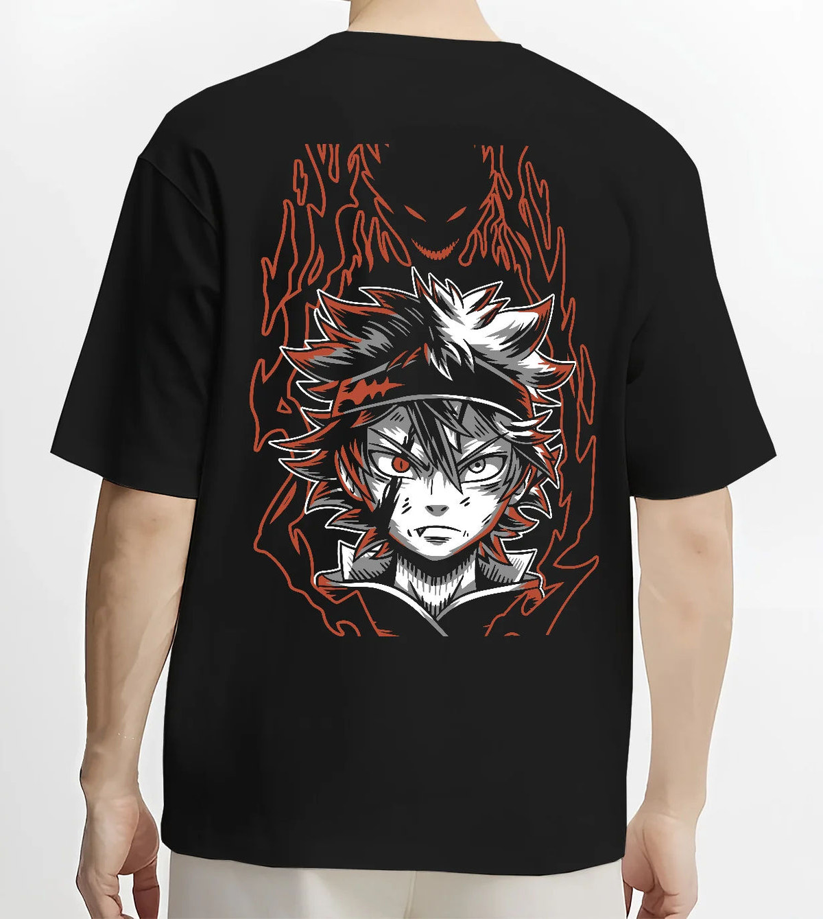 Black T-shirt model back view showing Asta from Black Clover: black form and devil energy