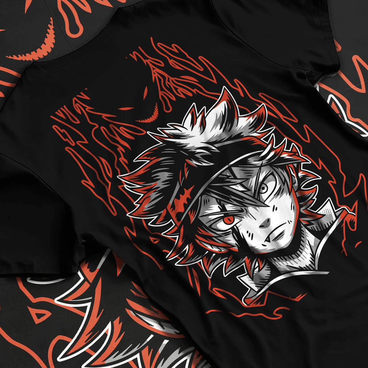Black T-shirt flat back view showing Asta from Black Clover: black form and devil energy