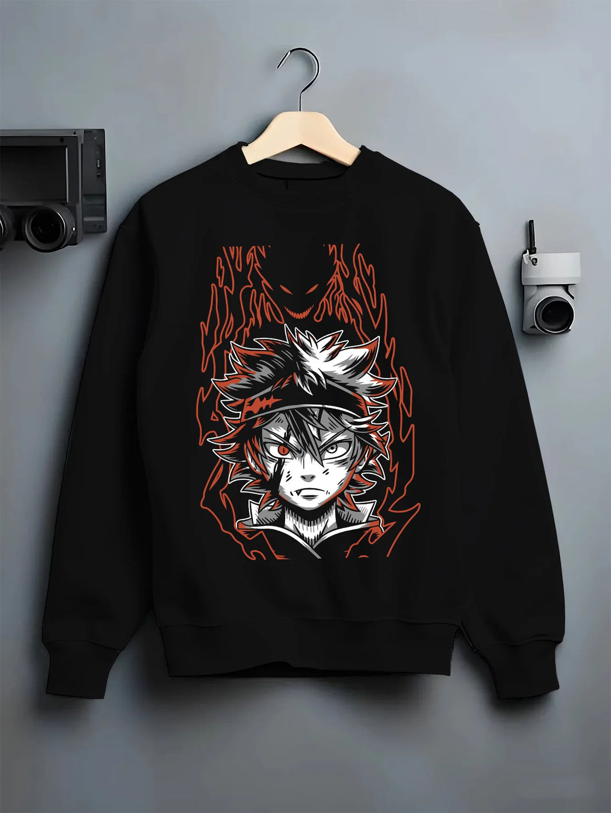 Black crewneck sweatshirt on hanger showing Asta from Black Clover: black form and devil energy