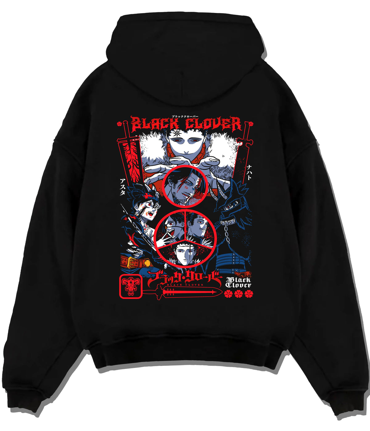 Black hoodie flat back view showing Black Clover: Asta/Yuno/Noelle composition