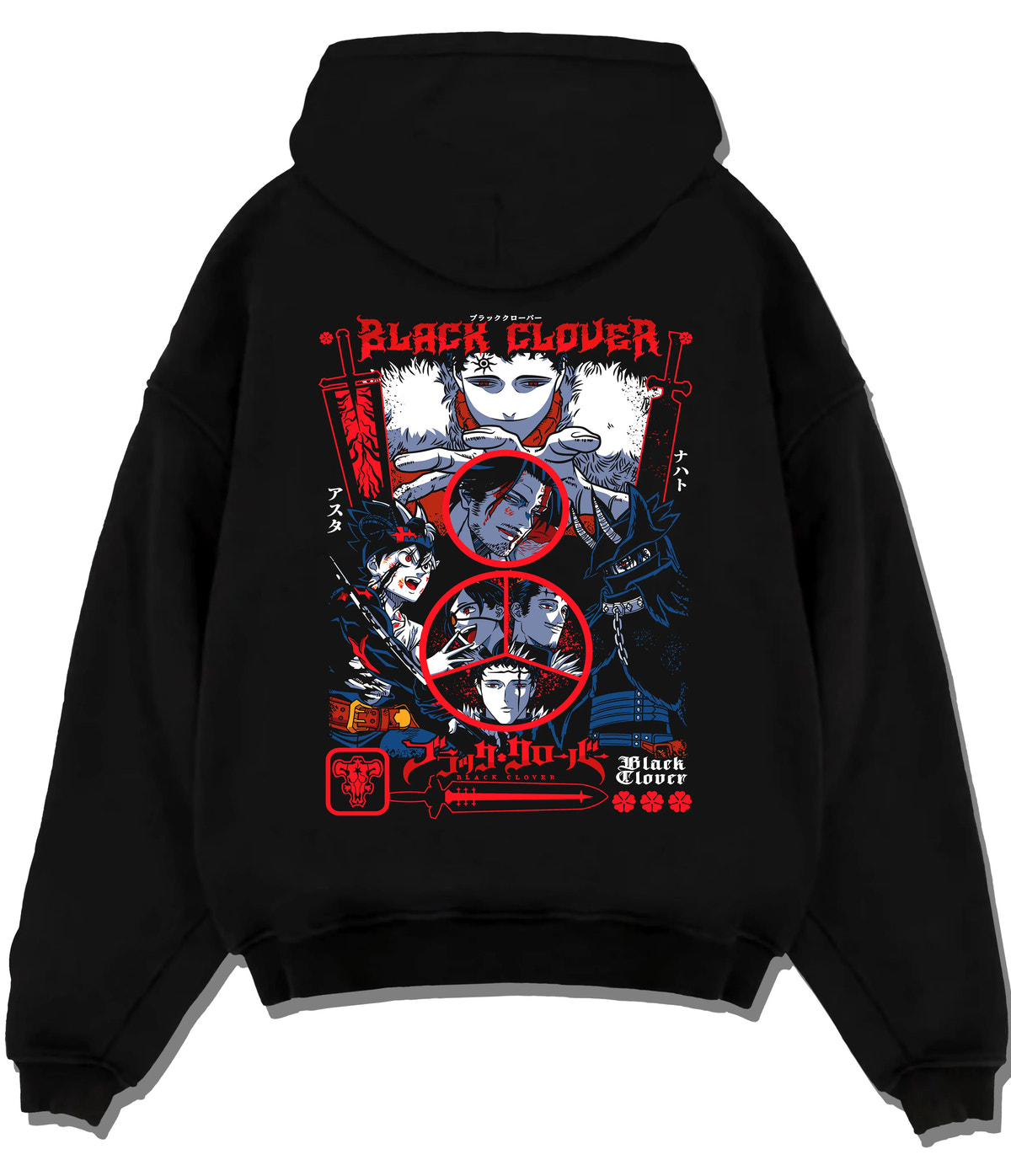 Black hoodie flat back view showing Black Clover: Asta/Yuno/Noelle composition