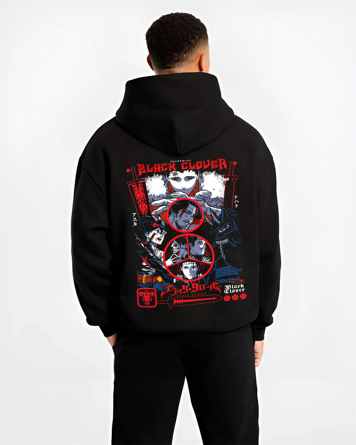 Black hoodie model back view showing Black Clover: Asta/Yuno/Noelle composition