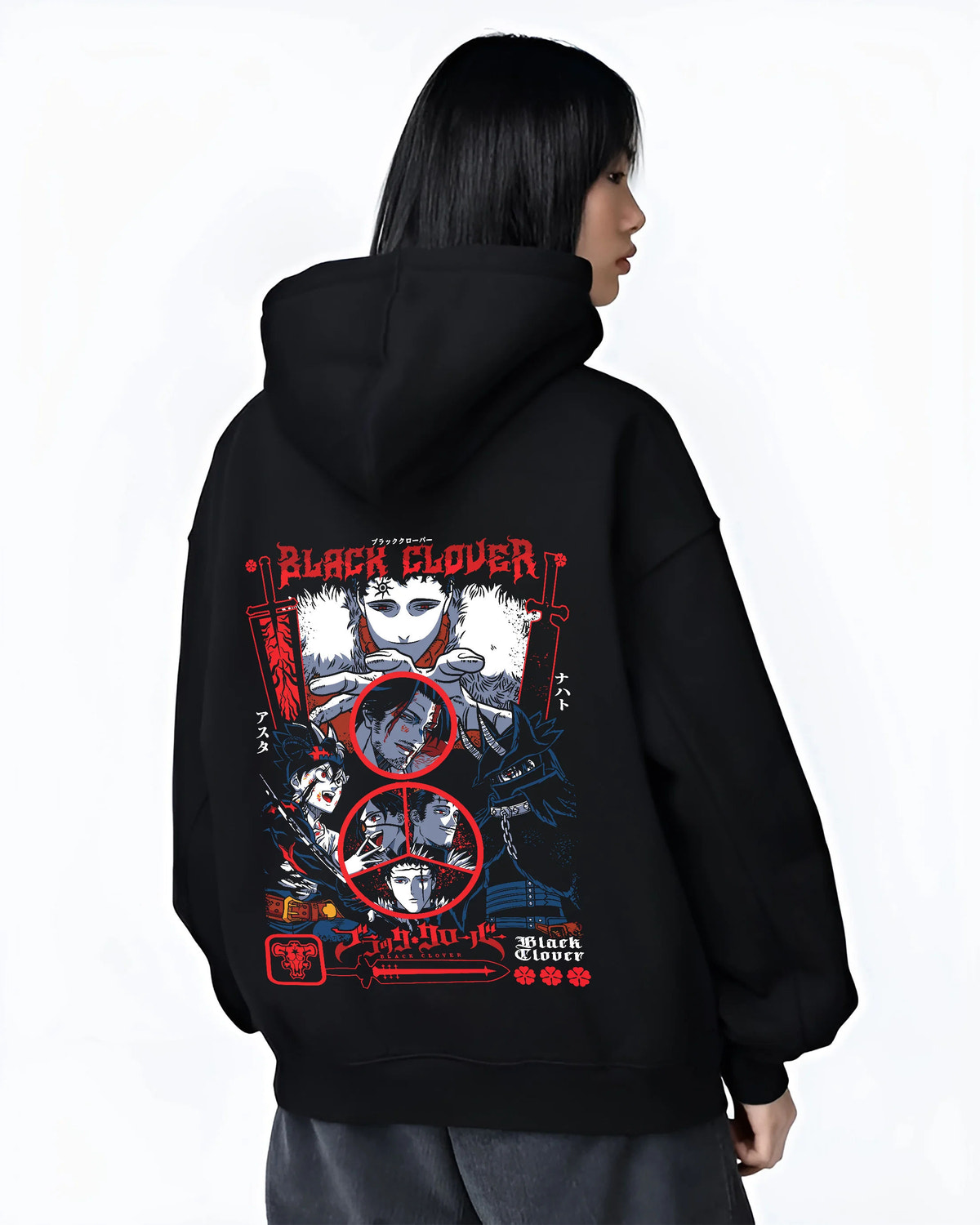 Black hoodie female model back view showing Black Clover: Asta/Yuno/Noelle composition